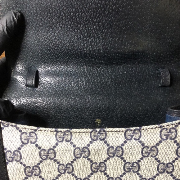 GUCCI GG Ophidia Sherryline Stripe Navy Leather Grey Coated Canvas Crossbody Bag - Picture 16 of 17